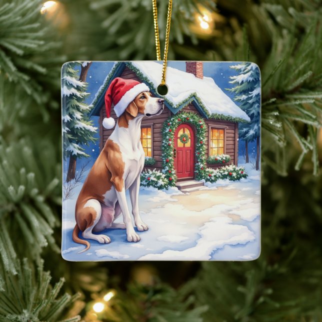 Great Dane Snowy Cabin Santa Hat Christmas Art Julgransprydnad Keramik (Träd)