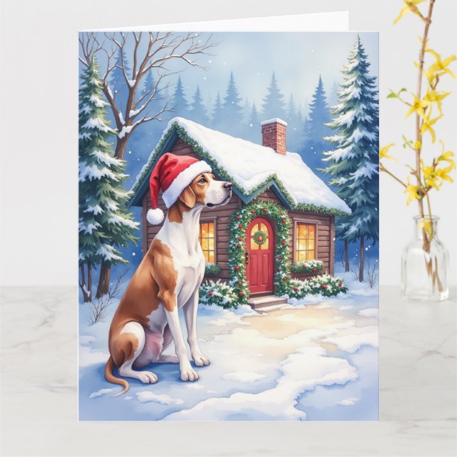 Great Dane Snowy Cabin Santa Hat Christmas Art Kort (Gul blomma)