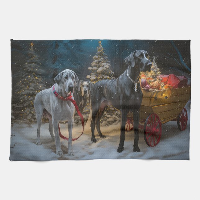 Great dane Snowy Sleigh-juldekretet Kökshandduk (Horisontell)