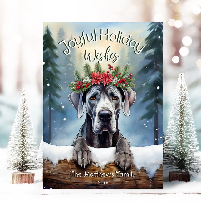 Great dane som söker igenom en snöpett Porträtt Julkort (Adorable Winter Snowy Scene With Peeking Dogs or Farm/Woodland Animals - Over 50 to Choose From!)