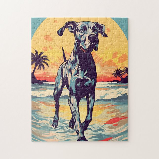 Great dane vid en tropisk strand under solnedgånge pussel (Vertikal)