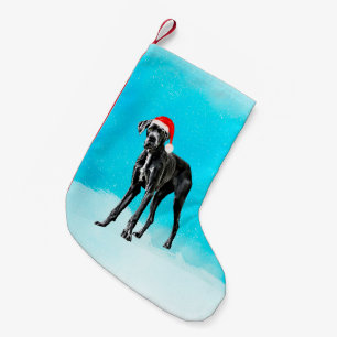 Great danehund i snöjulhatt liten julstrumpa