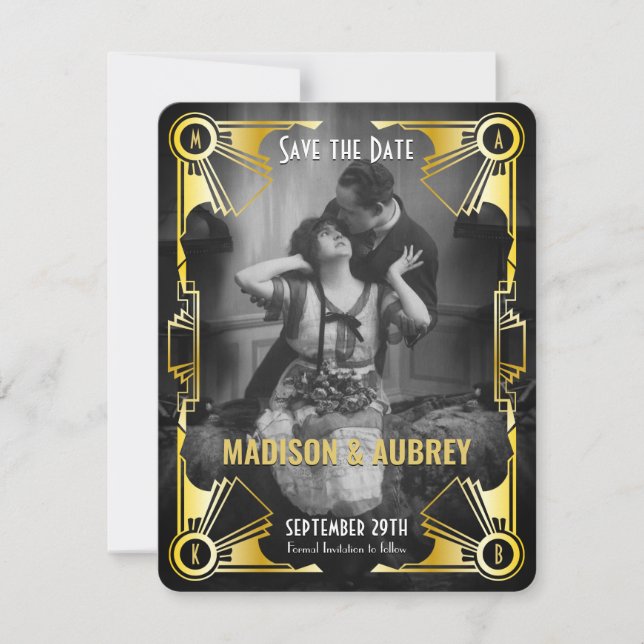 Great Gatsby Art Deco Bröllop Guld & Svart Foto Spara Datumet (Framsida)