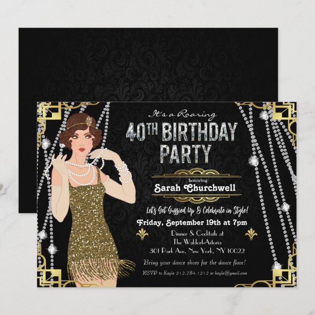 Great Gatsby Flapper Flicka 40-års Födelsedagsinbj Inbjudningar (Fram/baksida)
