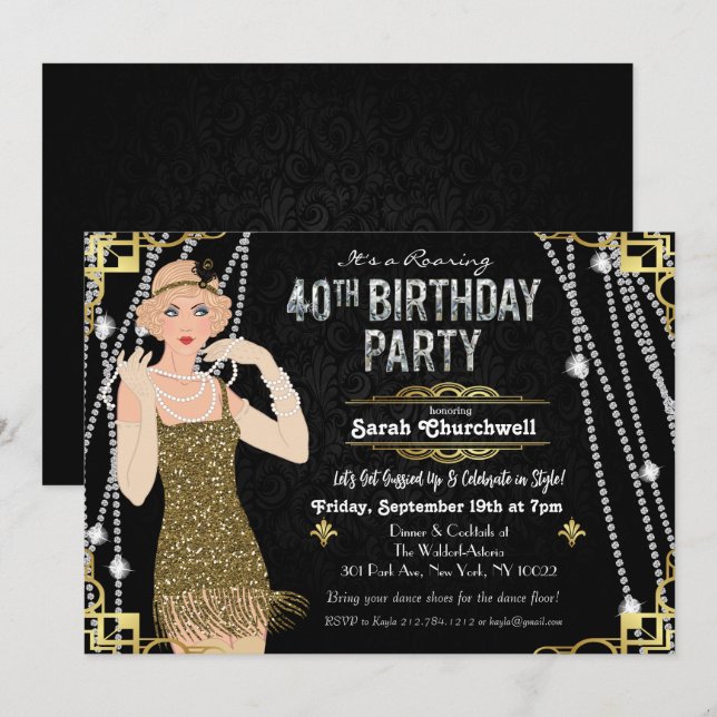Great Gatsby Flapper Flicka 40-års Födelsedagsinbj Inbjudningar (Fram/baksida)