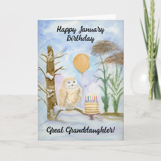 Great Granddaughte Happy January Birthday Owl Cake Kort (Framsida)