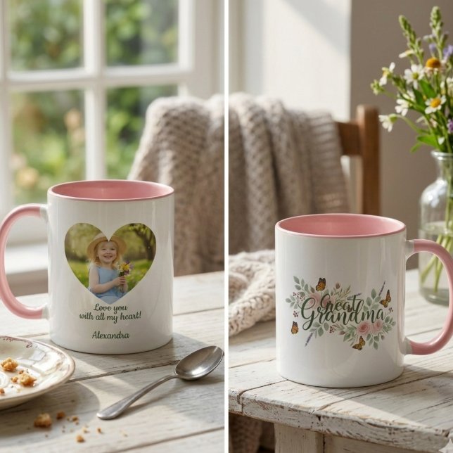 Great Grandma Watercolor Floral Mugg (Personalized Heart Photo Great Grandma mug)