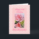 Great-Grandmother's 100th (age) birthday roses Kort<br><div class="desc">Original photo of pink roses on lace background for great-grandma,  or mother's 100th (or other birthday). " Happy Birthday great-grandmother!"; "We are so lucky to have you in our lives! We love you!". Personalize your messages! Photography by Maria Santos ( Lusinhas do Sul )</div>