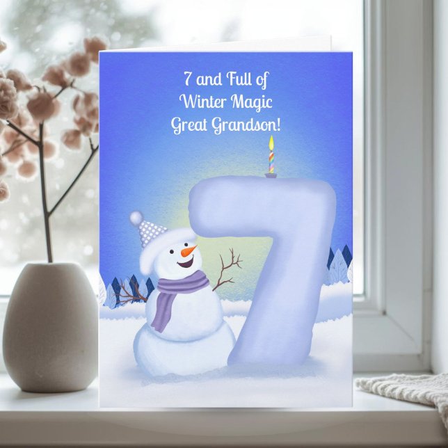 Great Grandson Happy 7th Birthday Snowman  Kort (Skapare uppladdad)