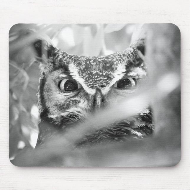 Great Horned Owl Photo Mouse Pad Black & White Musmatta (Framsidan)