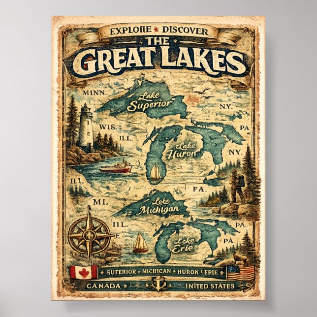 Great Lakes Antik Kartadestination Poster (Framsidan)