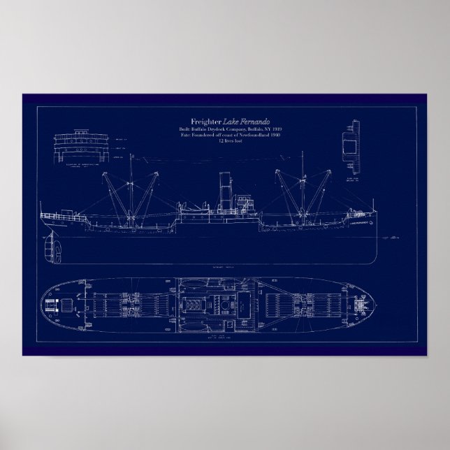 Great Lakes Freighter Lake Fernando Blueprint Poster (Framsidan)