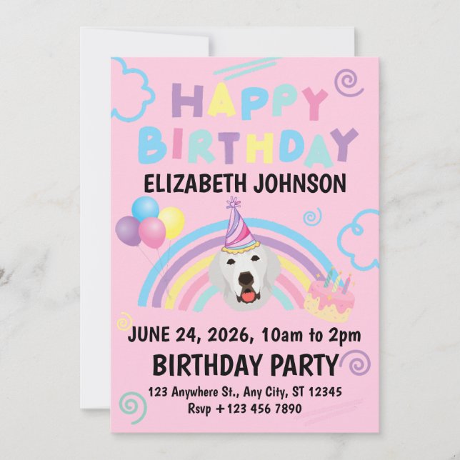 Great Pyrenees Birthday Invitation Pink Inbjudningar (Framsida)