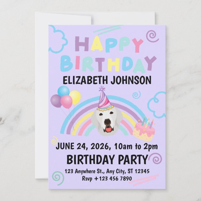 Great Pyrenees Birthday Invitation Purple Inbjudningar (Framsida)