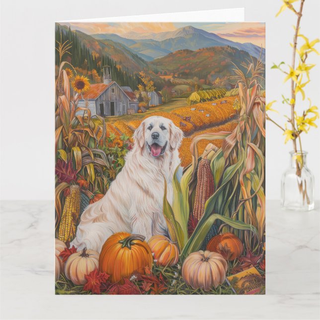 Great Pyrenees Hund Höstskörd Tacksägelse Kort (Gul blomma)