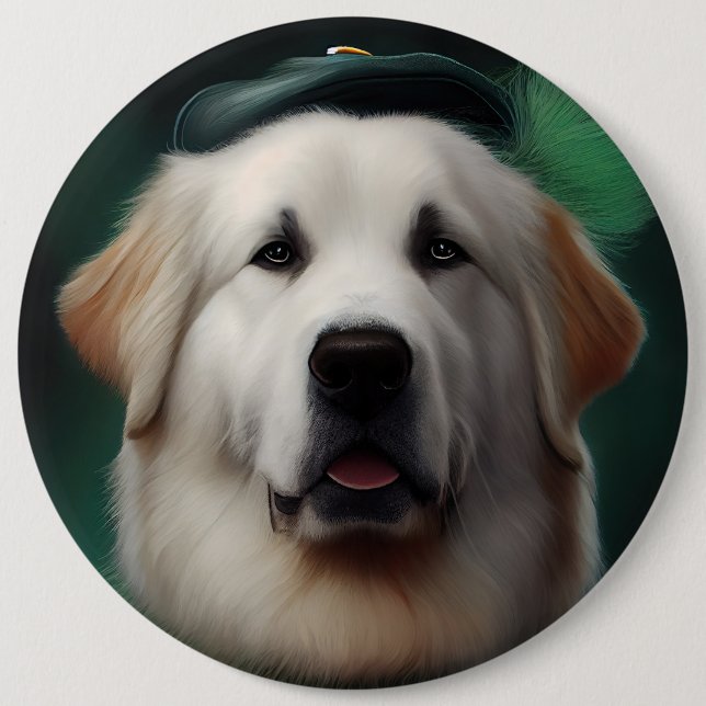 Great Pyrenees Hund i St. Patricks Dag Dräkt Knapp (Framsida)