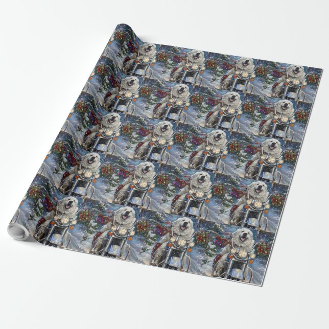 Great Pyrenees Hund Kör Motorcykel Jul Presentpapper (Utrullad)