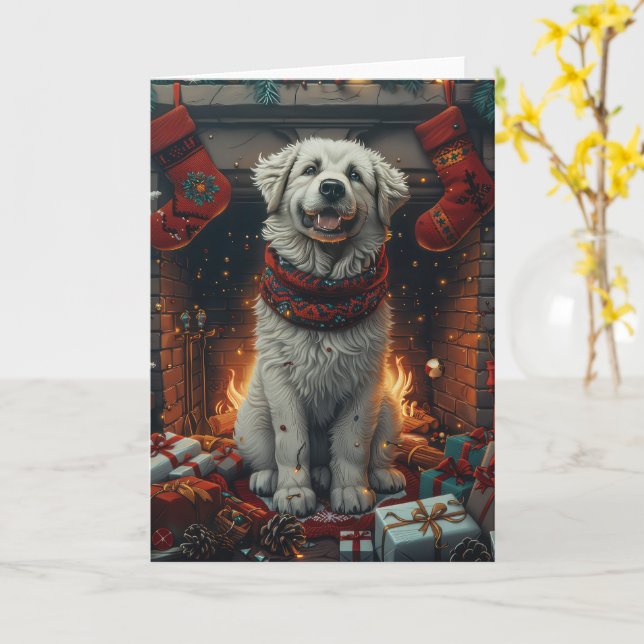 Great Pyrenees Hund Med Julpresenter Öppen Spis Kort (Gul blomma)
