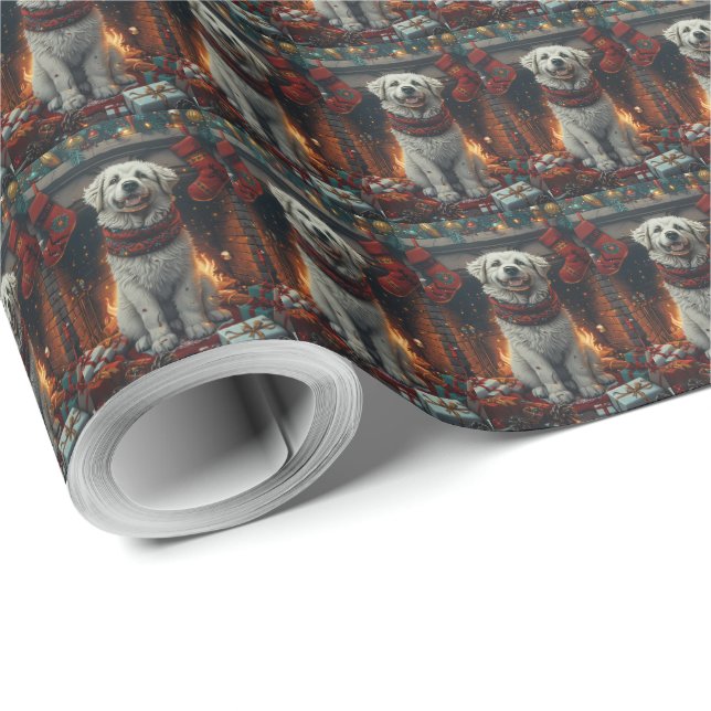 Great Pyrenees Hund Med Julpresenter Öppen Spis Presentpapper (Rulle Hörn)