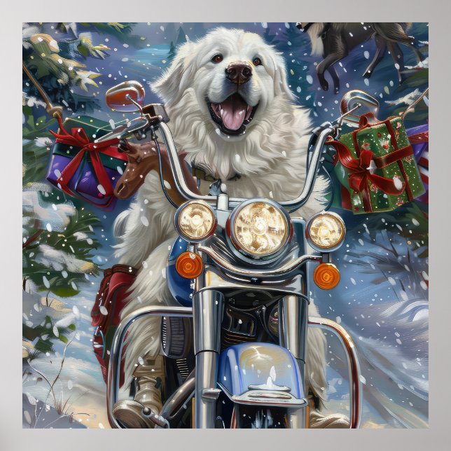 Great Pyrenees Hund Ridande Motorcykel Jul Poster (Framsidan)