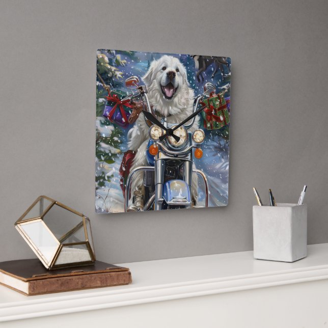 Great Pyrenees Hund Ridning Motorcykel Jul Fyrkantig Klocka (Kontor)