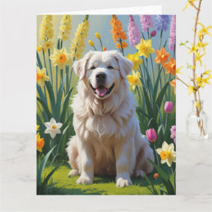 Great Pyrenees Hund Vårblommor Målning Kort