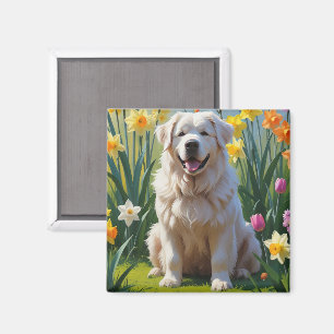 Great Pyrenees Hund Vårblommor Målning Magnet