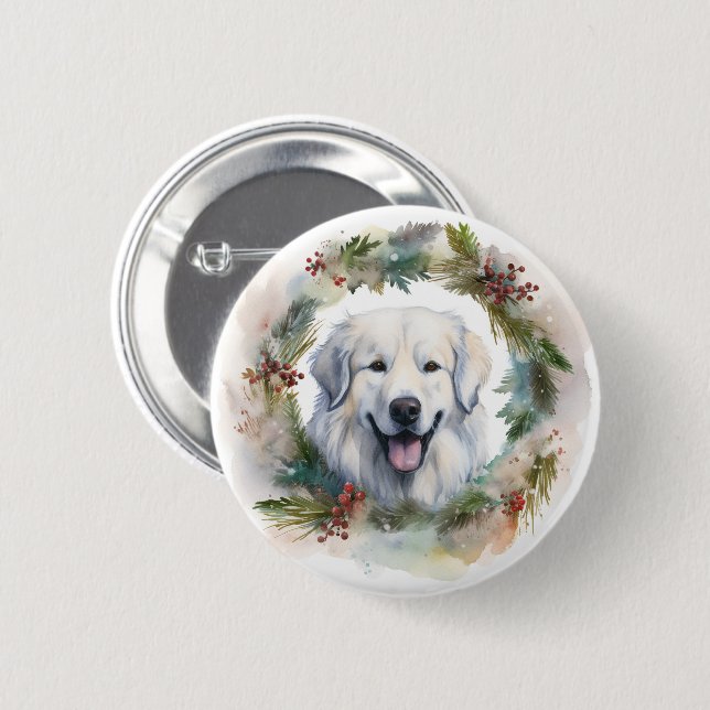 Great Pyrenees Julkrans Festiva Hundar Knapp (Framsida & baksida)