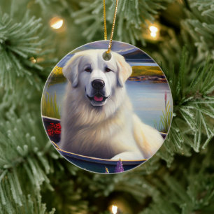 Great Pyrenees på paddel: Ett naturskönt äventyr Julgransprydnad Keramik