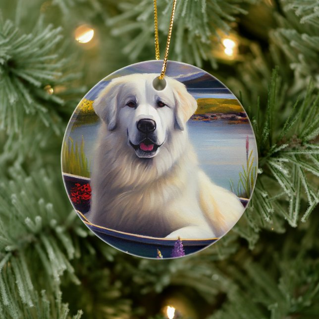 Great Pyrenees på paddel: Ett naturskönt äventyr Julgransprydnad Keramik (Träd)