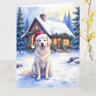 Great Pyrenees Snöig Berg Stuga Tomtehatt Kort