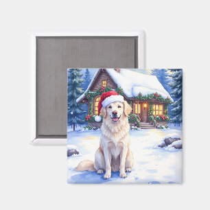 Great Pyrenees Snöig Berg Stuga Tomtehatt Magnet