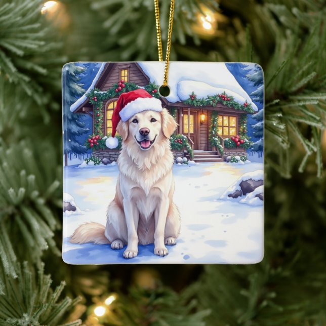 Great Pyrenees Snowy Mountain Lodge Santa Hat Julgransprydnad Keramik (Träd)