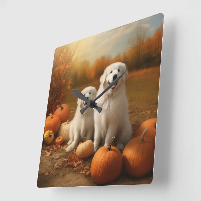 Great Pyrenees Valp Höstglädje Pumpa  Fyrkantig Klocka (Vinkel)