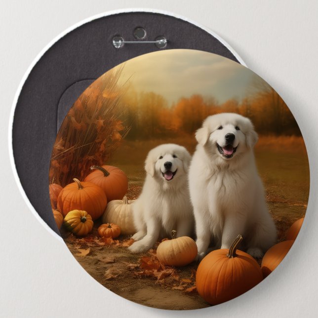 Great Pyrenees Valp Höstglädje Pumpa  Knapp (Framsida & baksida)