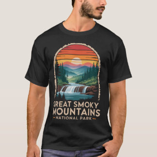 Great Smoky Mountains Retro Solnedgång Vattenfall T Shirt