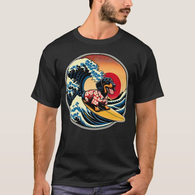 Great Wave Kanagawa Weiner Dachshund Dog Surfing T Shirt (Framsida)