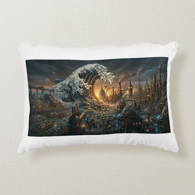 Great Wave of Plastic Trash - Steampunk Cushion Prydnadskudde (Framsidan)