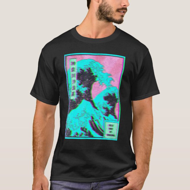 Great Wave off Kanagawa Vaporwave Glitch Aesthetic T Shirt (Framsida)