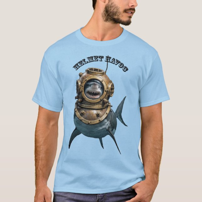 Great White Shark Inside of a Diving Helmet URM T Shirt (Framsida)
