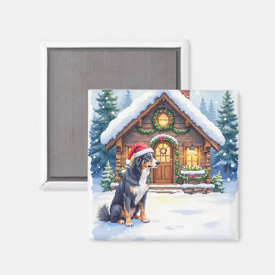 Greater Swiss Mountain Dog Snöig stuga tomteluva Magnet