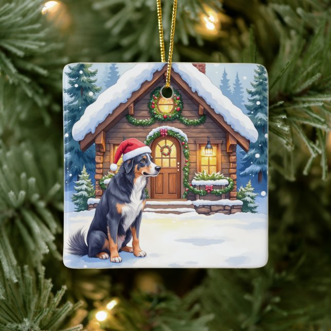 Greater Swiss Mountain Dog Snowy Cabin Santa Hat Julgransprydnad Keramik (Träd)
