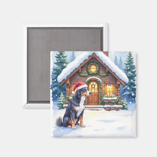 Greater Swiss Mountain Dog Snowy Cabin Santa Hat Magnet (Front/Back)