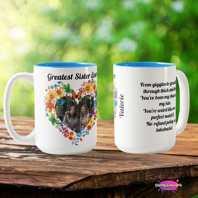 Greatest Sister Ever Photo Floral Heart  with Poem Två-Tonad Mugg (Skapare uppladdad)