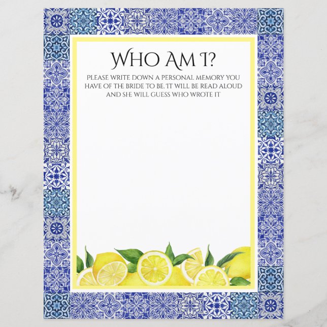 Grecian Blue and Lemon "WHO Is I" Shower Game (Framsida)