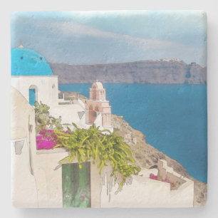 Grecian paradis. Vattenfärgmålning av Santorini Underlägg Sten