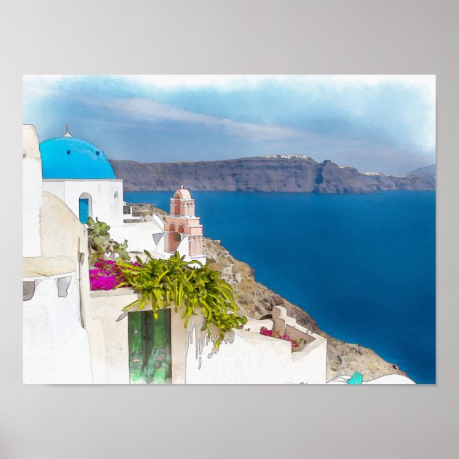 Grecian Paradise. Vattenfärgning av Santorini Poster (Framsidan)