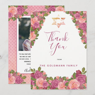 Gredelin    Rosa Blommigt för vattenfärg Bat mitzv Tack Kort