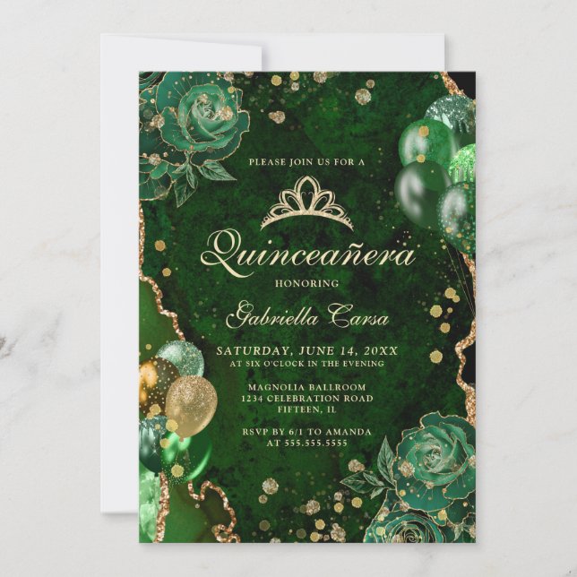Gree Guld Blommigt Agate Photo Quinceanera Inbjudningar (Framsida)