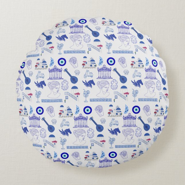 Greece Blue and White Rund Kudde (Framsidan)